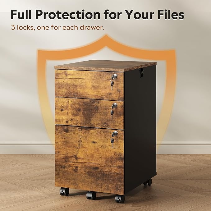 DEVAISE 3 Drawer File Cabinet with Individual Locks, Rustic Brown | Wood Filing Cabinet for Home Office, Mobile Printer Stand with Wheels, Under Desk Storage for Letter/A4/Legal Size