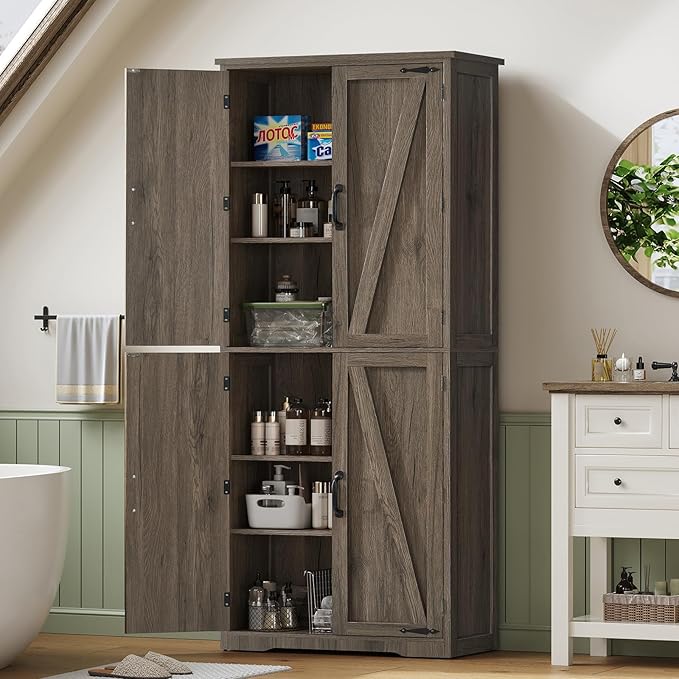 TEENFON Tall Storage Cabinet, Kitchen Pantry Cabinet with 4 Shelves, Adjustable Shelves, Pantry Cabinets with 4 Barn Doors, Tall Kitchen Cabinets for Dining Room, Living Room, Dark Walnut