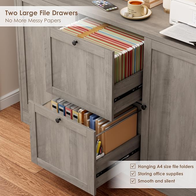 72'' Tall File Bookcase with Outlet & Printer Stand, 2 Filing Drawers | Bookshelf with Door & 2 Adjustable Drawers for Letter/A4 Hanging File, Wood File Cabinets For Home Office Storage, Ash Grey