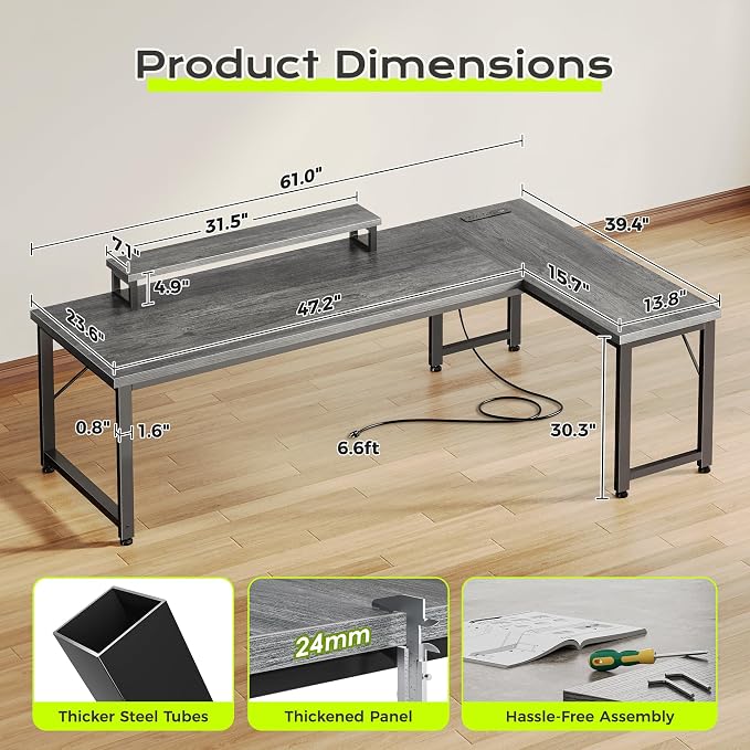 61" L Shaped Computer Desk, Power Outlets, Monitor Stand, Grey | USB-C Ports, Reversible Charging Station, Spacious Desktop & Legroom, 0.94 Inch Thick Desktop, for Gaming, Study & Work