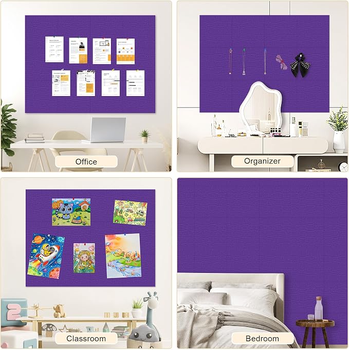 AKONEGE Felt Bulletin Board Tiles 12 Pack, 48" x 36" Cork Board Alternative, DIY Pin Board Wall Tiles for Photo Wall, Vision Board, Dorm Room & Home Office Decor, Stick-On with Adhesive Tabs, Violet