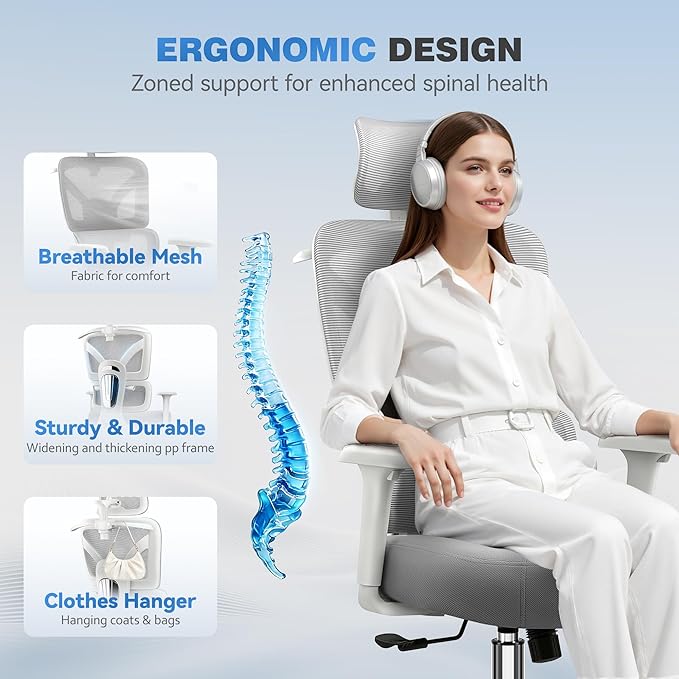 Ergonomic Office Desk Chair, High Back Mesh Office Chair with Adjustable Lumbar Support, 3D Headrest, Big and Tall Home Computer Desk Chairs Comfy for Work, Gaming, 300lbs, (Gray, 2 Pack)
