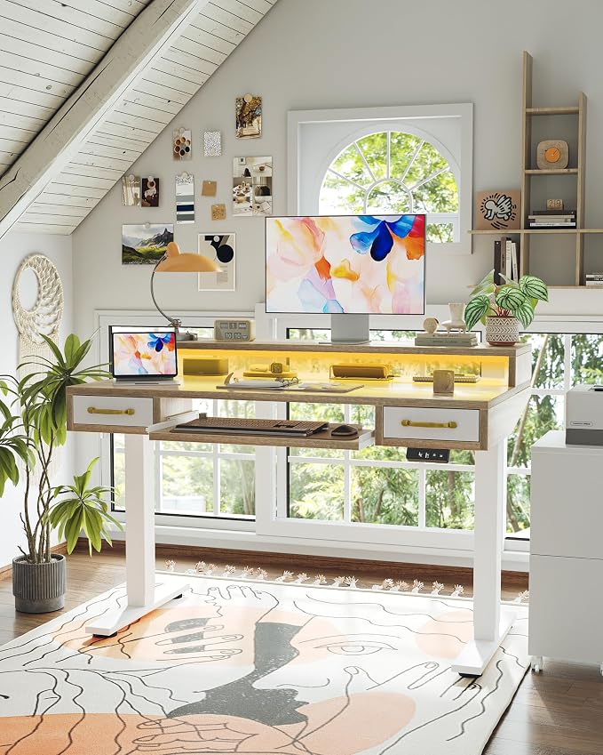 TIQLAB Standing Desk with Two Drawers, Stand Up Standing Desk Adjustable Height, Electric Sit Stand Table with Storage Shelf and Splice Board, with LED Light, 47 * 28 inch, Maple