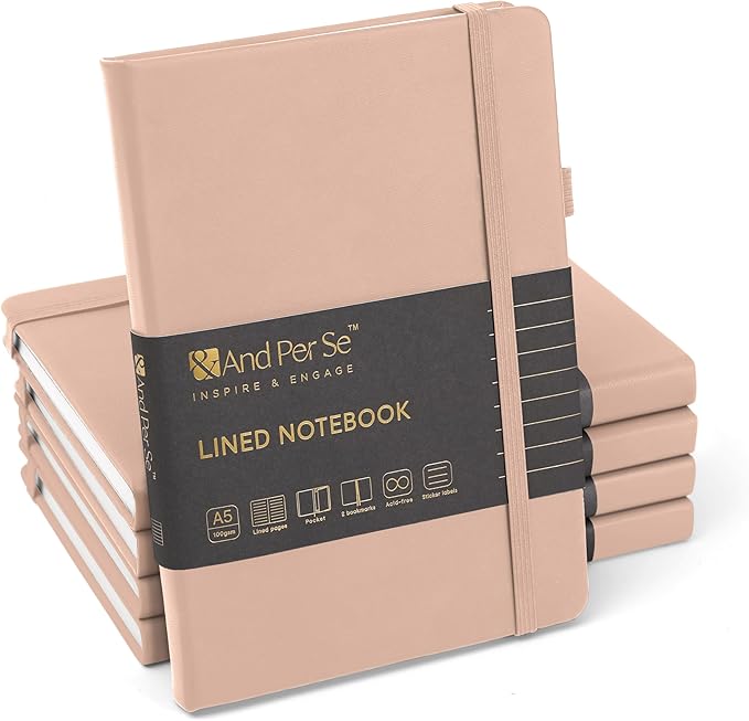 &And Per Se Lined Notebooks Bulk 5-Pack, A5 Hardcover Journal, 160 Pages 100gsm Thick Paper, Classroom Supplies for Students, Teachers, College Ruled Notebooks for School Office (Apricot)