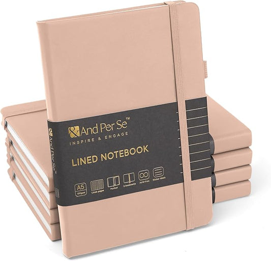&And Per Se Lined Notebooks Bulk 5-Pack, A5 Hardcover Journal, 160 Pages 100gsm Thick Paper, Classroom Supplies for Students, Teachers, College Ruled Notebooks for School Office (Apricot)