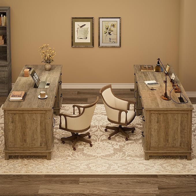 Garvee 60" Wooden Home Office Desk with File Drawers, Executive Desk with Adjustable Cabinet, Farmhouse Wood Desk with Power Outlet, Distressed Study and Work Table, Rustic Grey