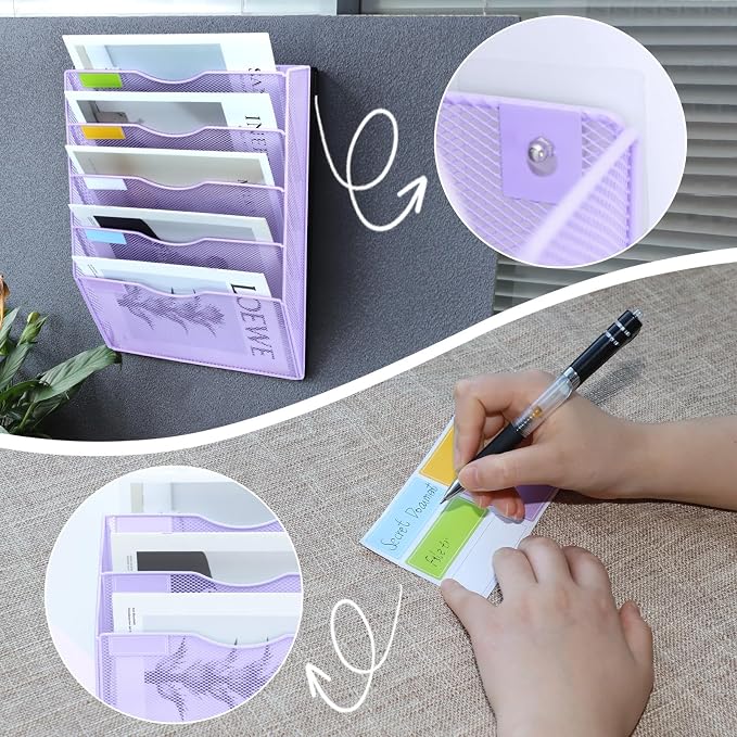 5 Pockets Mesh Wall File Holder Organizer Office Hanging File Folder Magazine Rack, Nametag Label Hooks Set Included (Purple)