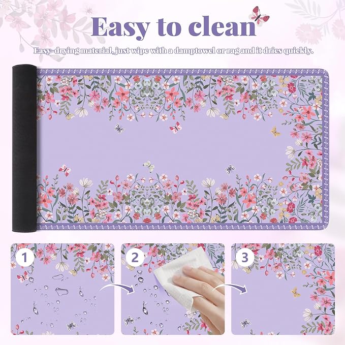 iCasso Large Desk Mat for Keyboard and Mouse,Cute Desk Pad,Purple | Anti-Slip Floral Computer Mat for Women, Girly Gaming Mouse Pad for Home Office