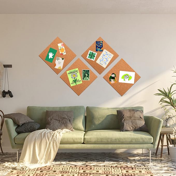SUNGIFT Cork Board 12"x12" -12 Pack Square Decorative Cork Tiles 1/4" Thick | Bulletin Boards with 100 PCS Push Pins, Double-sided Adhesive Corkboards Tiles For Wall Office