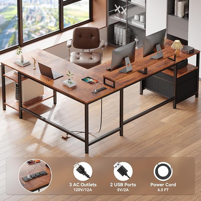 Furologee 66” L Shaped Desk with Power Outlet, Reversible Home Office Desk with File Drawer, 2 Monitor Stands, Storage Shelves, Corner Computer Table for Gaming, Writing, Rustic Brown