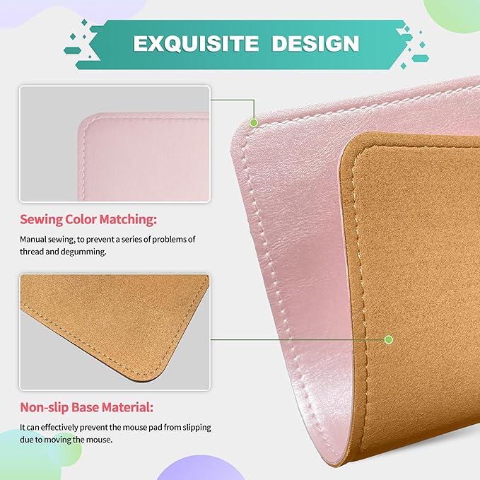 PU Leather Mouse Pad with Stitched Edge Micro-Fiber Base - Non-Slip Waterproof, 8x11Inch (Rose Pink)