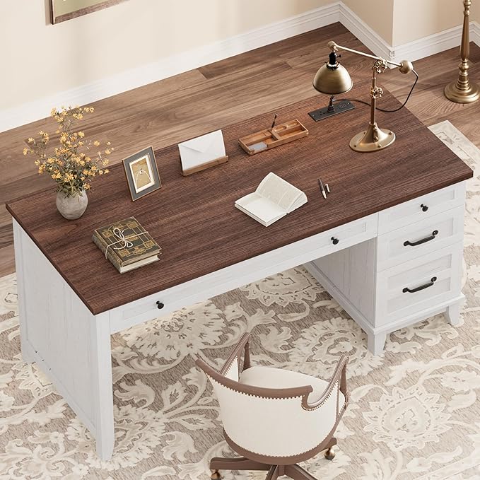 Garvee 53.5" Wooden Home Office Desk with File Drawers, Executive Desk with Power Outlet, Farmhouse Wood Desk with Storage, Distressed Study and Work Table, Rustic White