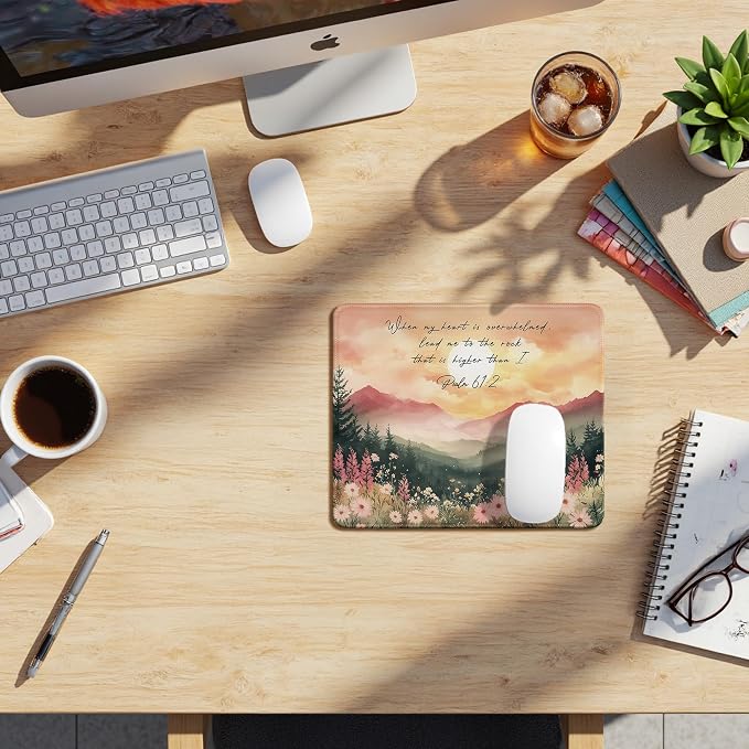Floral Mountain Landscape Christian Bible Verse Mouse Pad, Inspirational Psalm 61:2 Scripture Mouse Pads Mousepad for Home Office Dorm Computers Laptop Supplies Desk Accessories, 9.5x7.9 Inch