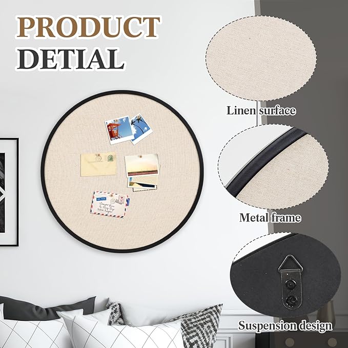 Vintage Framed Pin Board Linen Display Bulletin Board Large Ornate Fabric Picture Photo Pinboard Memo Decorative Prayer Pinboard Ornate for Wall Gift(Round,24'' X 24'',Modern Black)