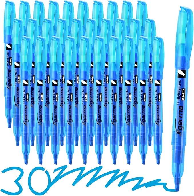 Cgerma Blue Highlighters 30 Pack, Chisel Tip Highlighter Bright Color, Dry Quickly, Smudge Proof Perfect for Students Adults Studying, Organizing, Coloring, Highlighting in Classroom, School, Office