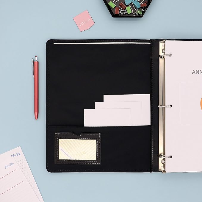Blue Sky ProView Legacy Black 3 Ring Binder, Letter Size, 1", Textured Faux Leather Cover, Built-in Pockets, Holds 175 Sheets (94029) | Textured Faux Leather Cover, Built-in Pockets, Holds 175 Sheets, For Office and School