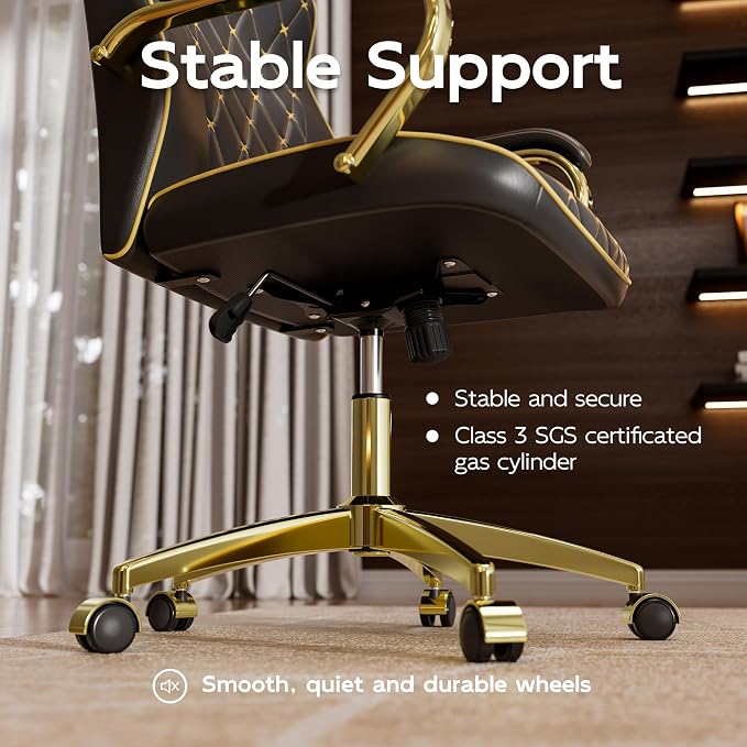 Black and Gold Office Chair, Luxury Leather Executive Desk Chair | Elegant Timeless Appeal, Vintage Mid Back Styling with Wheels and Padded Arms, Thick High Density Foam Comfort