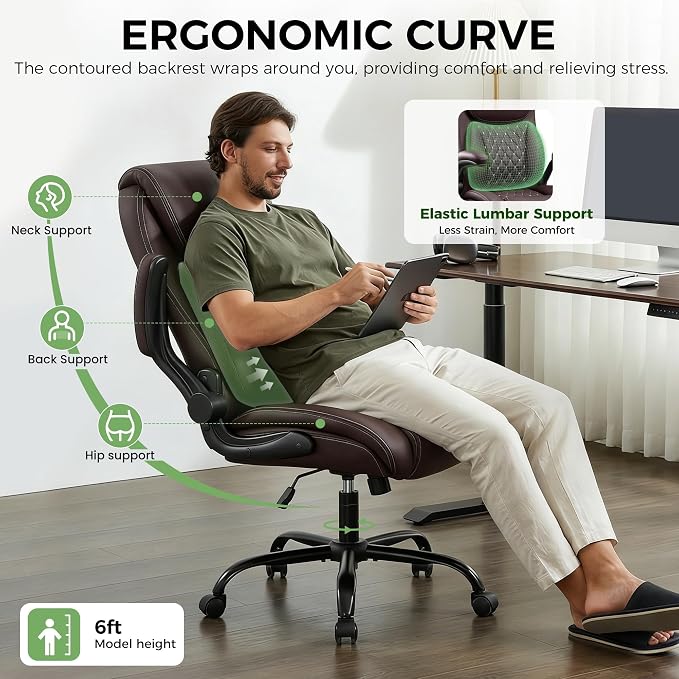 Office Chair, Ergonomic Executive Desk Chair with Lumbar Support for Lower Back Pain Relief, Padded Flip-Up Armrests, Leather Home Office Chair, Coffee