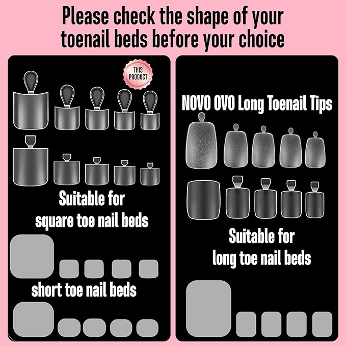 NOVO OVO Halloween Short Toe Nail Tips Press on with Moon Curve, Thick Sharp Square Full Cover Soft Gel False Toenail Extension Kit, Clear Matte Fake Nails Acrylic Pedicure for DIY x 15 Sizes 240 Pcs