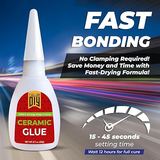 Y'allCanDiy Waterproof Super Glue for Ceramic 4 Pk x .7 Oz. (20g) - Ceramic Glue Repair for Pottery, No Smell After Cure. Best Cyanoacrylate Based Adhesive for China and Porcelain