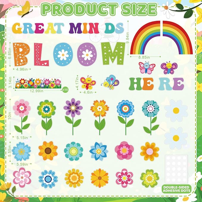 53Pcs Spring Bulletin Board Decorations Set, Great Minds Bloom Here Classroom Bulletin Board Decor, Spring Flower Bulletin Board Borders Decor for Classroom Elementary Back to School Office Wall Door