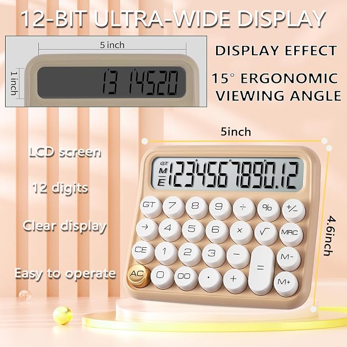 VEWINGL Mechanical Keyboard Calculator, 12 Digit LCD, Big Buttons | 5-Inch Display with Large Round Keys and 15° Tilt for Office, School, Home, and Everyday Use