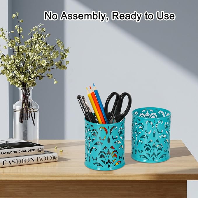 EasyPAG Teal Pen Holder for Desk, 2 Pack Round Pen Organizer, Brush Holder for Vanity, Metal Pencil Cup Organizer for Home, Office, Classroom, School