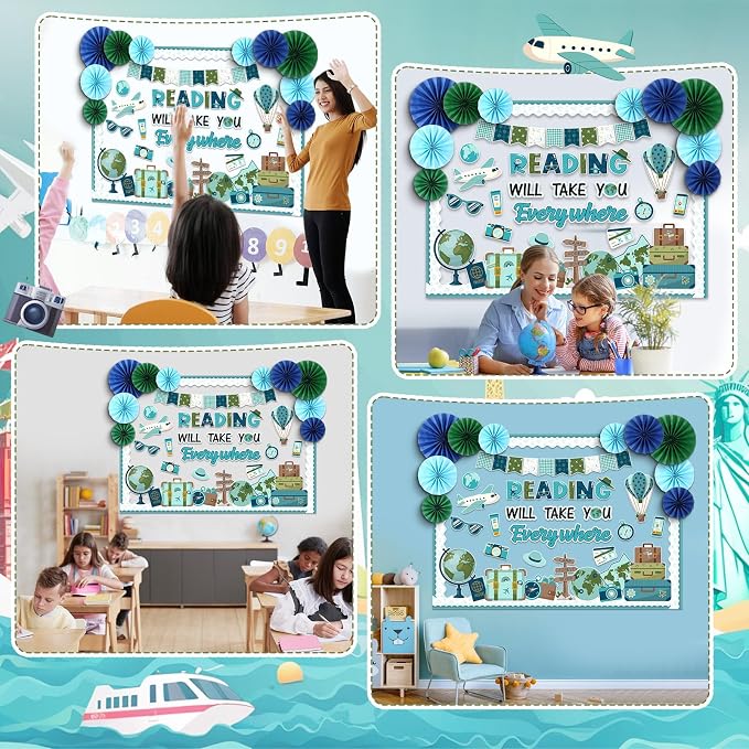 76 Pcs Reading Travel Bulletin Board Set with Paper Fans Reading Motivational Classroom Decorations Travel The Map Camping Mountain Cutouts for Back to School Office Home Wall Supplies Decor