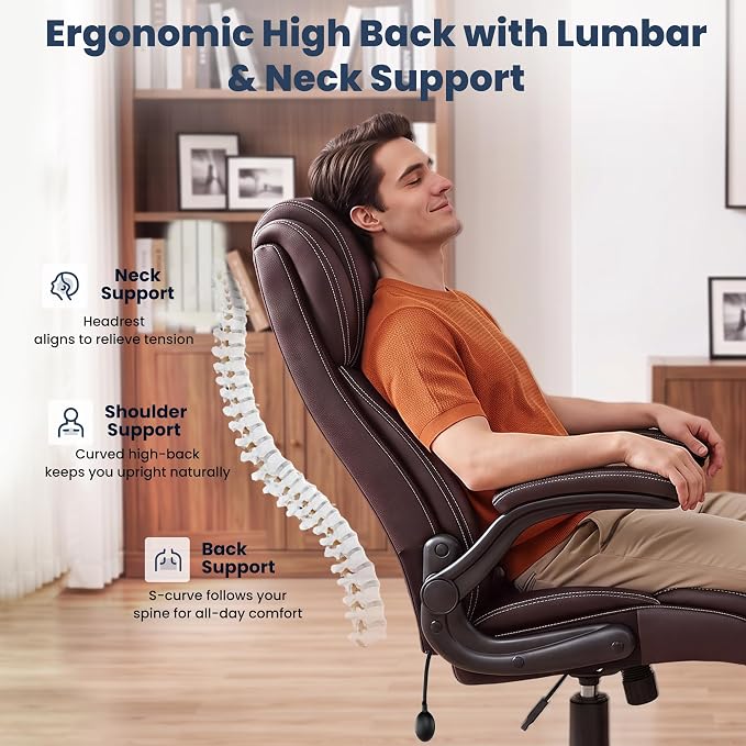 Ergonomic Office Chair, High Back Executive Leather Desk Chair | Inflatable Lumbar Support for Back Pain Relief, Heavy-Duty Computer Desk Chair for Long Workdays, Flip-Up Armrests, Coffee
