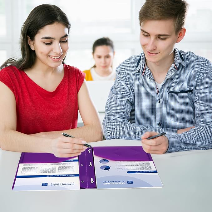 6-Pack Plastic Folders with Pockets and Prongs,2-Pocket Folders with 3 Fasteners, Holds 8-1/2" x 11" Paper for School/Office/Home, Purple