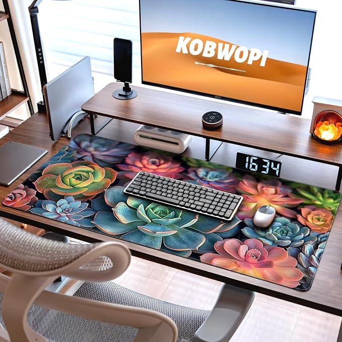 35.4 x 15.7 in, XXL Large Mouse Pad for Desk, Extended Keyboard Mouse Mat for Computer Office, Big Mouse pad with Stitched Edges, Gaming Pc-Colorful Succulent