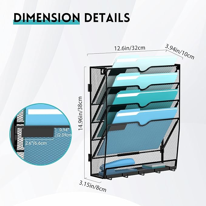 5 Tier Wall File Organizer - Hanging File Organizer with 5 Hooks, Mail Holder Wall Mounted for Papers, Folders, Magazines, Bills, Office&School Organization, Black
