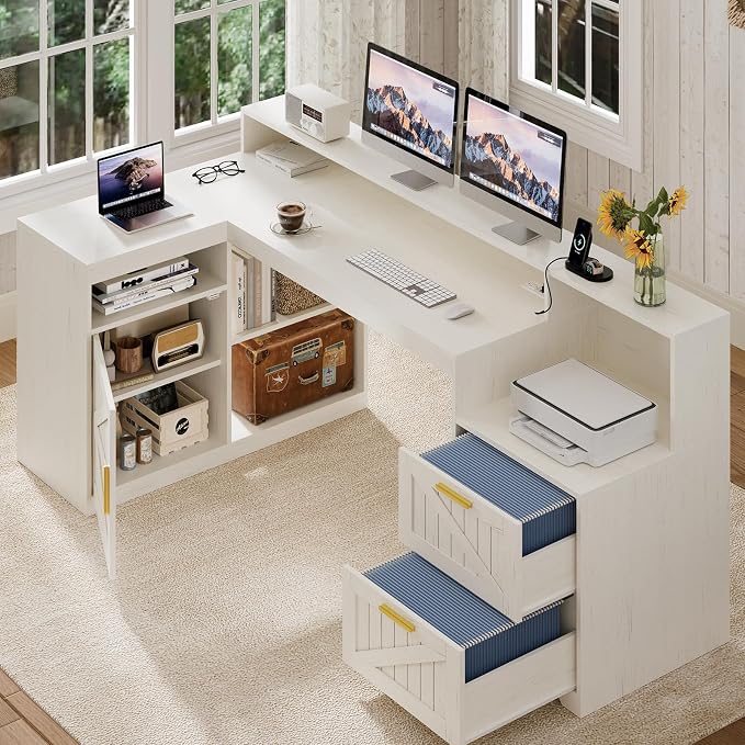 63" Farmhouse L Shaped Desk with Drawers and Printer Stand for Home Office | Computer Desk with Power Outlet, Home Office Desk with Storage Shelves and Monitor Stand, White