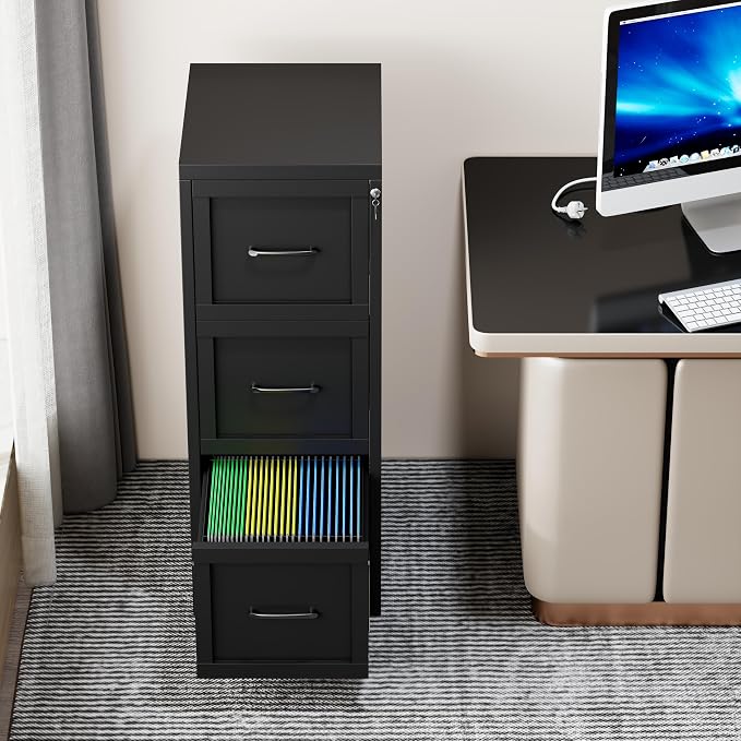 3-Drawer Metal File Cabinet with Lock, Tall Narrow Vertical, Black | Tall metal filing cabinet with adjustable rails for Letter, Legal and A4 folders; one lock secures all three drawers