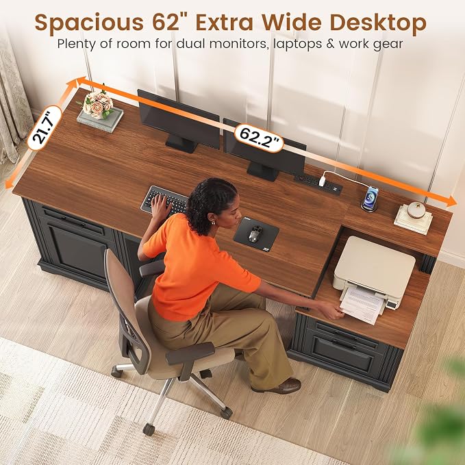 SEDETA Farmhouse Executive Desk, 62'' Home Office Desk with File Drawers, 3Drawer and Storage Cabinet, Computer Desk with Power Outlet for Home Office, Work Study Writing, Black + Walnut