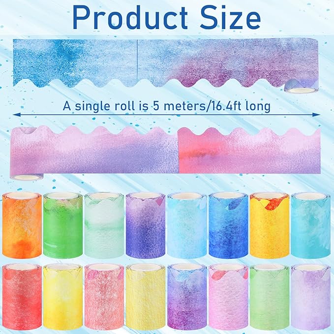 16 Rolls 263 ft Bulletin Board Borders Scalloped Border Trim Colorful Bulletin Board Strips Classroom Decoration Strips Decorative Poster for School Decor (Watercolor Colors)