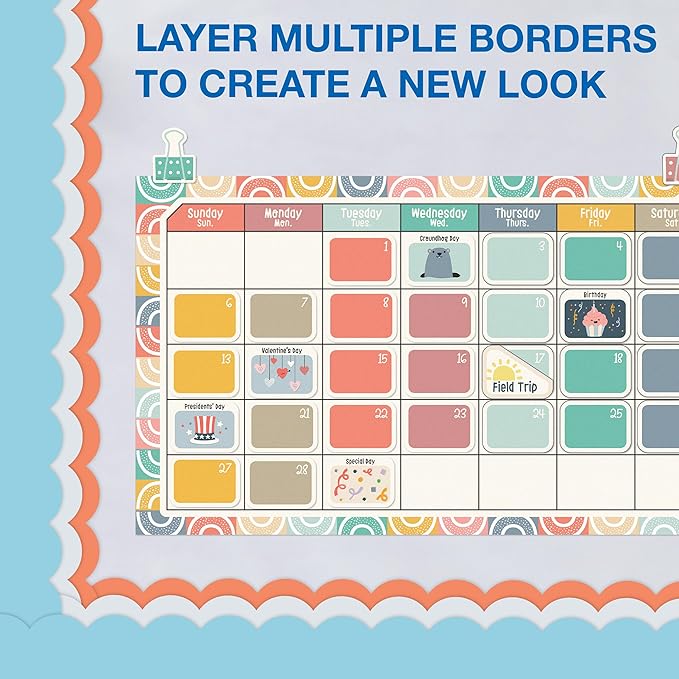 Carson Dellosa Education 65Ft of Sky Blue Bulletin Board Borders, 1 Roll of Pastel Scalloped Trim for Rolling Whiteboard, Cork and Posterboard, Party, Easter, Spring Decorations, and Classroom Decor