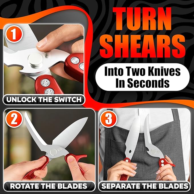 4-in-1 Kitchen Shears Heavy Duty – Sharp Seafood, Poultry Shears & Chicken Scissors with Non-Slip Metal Handle & Micro-Serrated Blades for Meat – Spring-Loaded Bone Cutting Scissors with Safety Lock