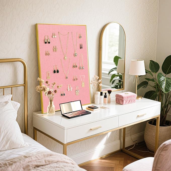 Linen Bulletin Board, 36"x24" Decorative Fabric Pin Board Vision Board | Gold Aluminum Frame, Upgraded Pink Canvas Surface, Wall Mounted, for Home Office Bedroom Dorm Wall Decor