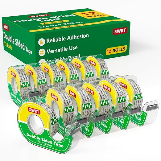SWRT Double-Sided Tape, 1/2 in x 300 in, 12 Pack with Dispensers | Mess-Free, Invisible Bond, Easy Cutting, Strong Hold for Crafts, Gift Wrapping, Scrapbooks, School & Office Projects