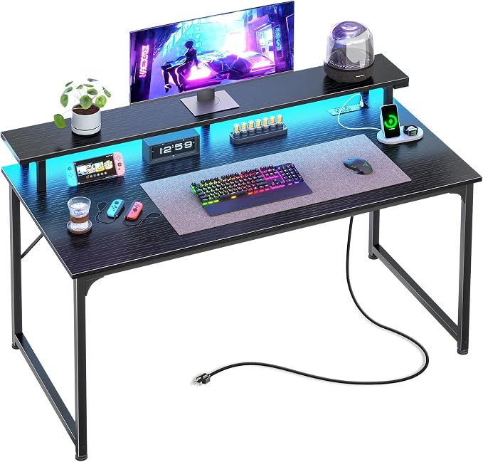 40 inch Gaming Desk, LED & Power Outlets, Monitor Stand, Black | Sturdy PC Desk for Home Office, Study & Work, LED Lights, 4 AC Outlets & USB-C Charging Station