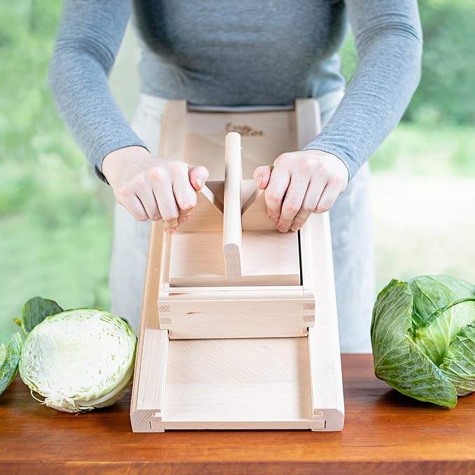 -Traditional Wooden Cabbage Shredder Slicer with Hand Guard for Finely Cut Sauerkraut and Coleslaw - Heirloom Quality - Made in Europe!