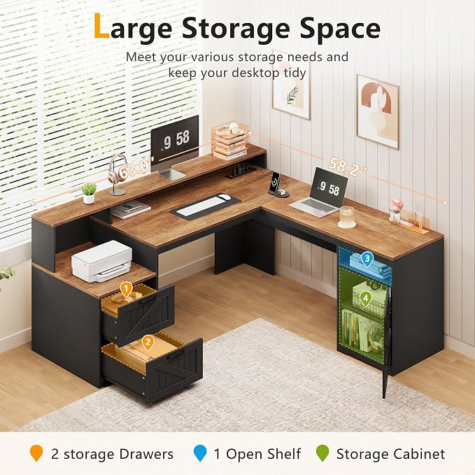 63" Farmhouse L Shaped Desk with Drawers & Printer Shelf for Home Office | Corner Computer Desk with Storage, Power Outlets, L Shaped Office Desk with Monitor Stand, Printer Shelf, Brown & Black