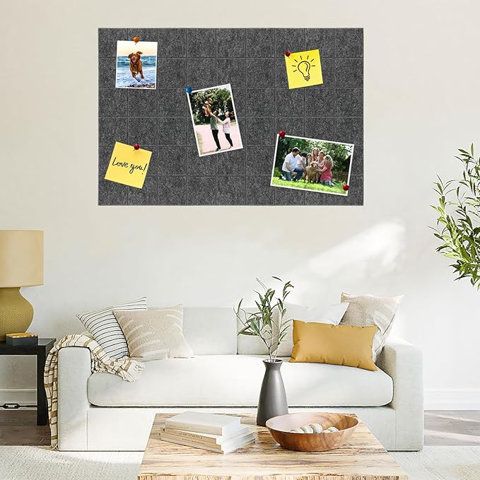 Large Square Felt Cork Board Tiles, Self Adhesive DIY Felt Bulletin Board Pin Board with 35 Pushpins for Office School Home Wall Decor Stickers Memos Photos Display (Deep Grey)