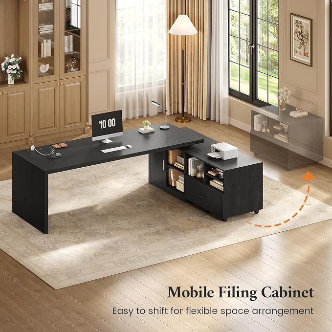 70.9" L Shaped Executive Desk with Power Outlets, Home Office Desk with Movable File Cabinet & Drawer, Modern Corner Computer Desks with Large Storage Cabinet, Black Business Furniture