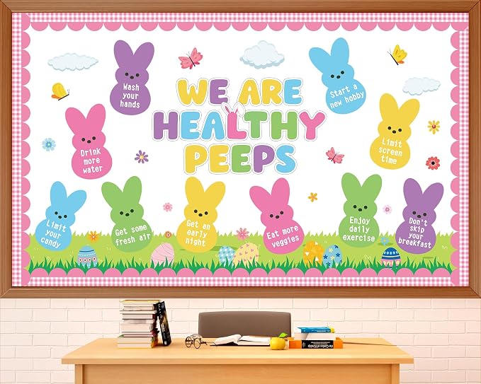 Easter Bunny Bulletin Board Set Easter Health Habits Bulletin Board Decoration Spring Bunny Cutouts Rabbit Good Habit Paper Cutout Spring Classroom Decoration for School Chalkboard Wall Decor Supplies