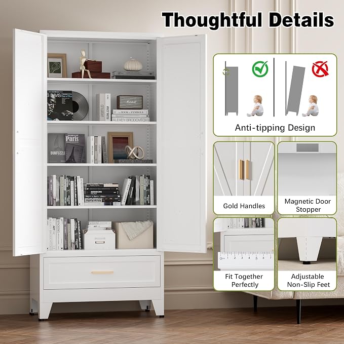 COFaR Metal Storage Cabinet, Farmhouse Storage Cabinet with 2 Doors and 4 Adjustable Shelves - 71" White Kitchen Pantry Storage 5-Tier Tall Steel Cabinets Locker for Kitchen, Living Room, Dining Room