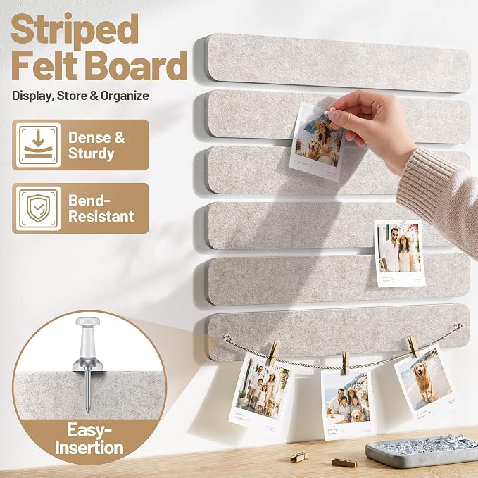 10 Pack 13"x2" Cork Board Strip with Removable Adhesive Squares & Push Pins | Pin Board Alternative Felt Strip Bulletin Board, Felt Board for Photo & Note Display, Home Office Decor - Oatmeal
