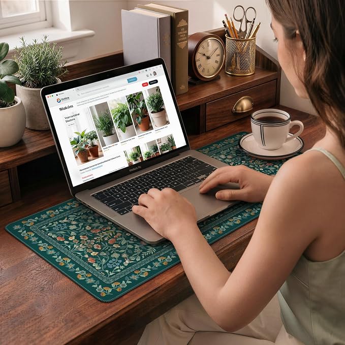 iCasso Aesthetic Floral Desk Mat,Retro Mouse Pads,31.5x11.8in,Deep Green | Anti-Slip Mousepad with Stitched Edges, Waterproof Computer Pad, Desk Accessories Office Decor for Women