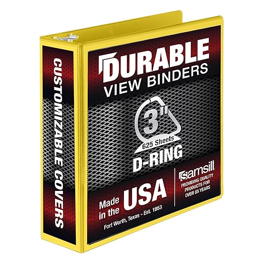 Samsill Durable 3 inch 3 Ring Binder, D Ring Binder, 100% Recycled Chipboard, Yellow